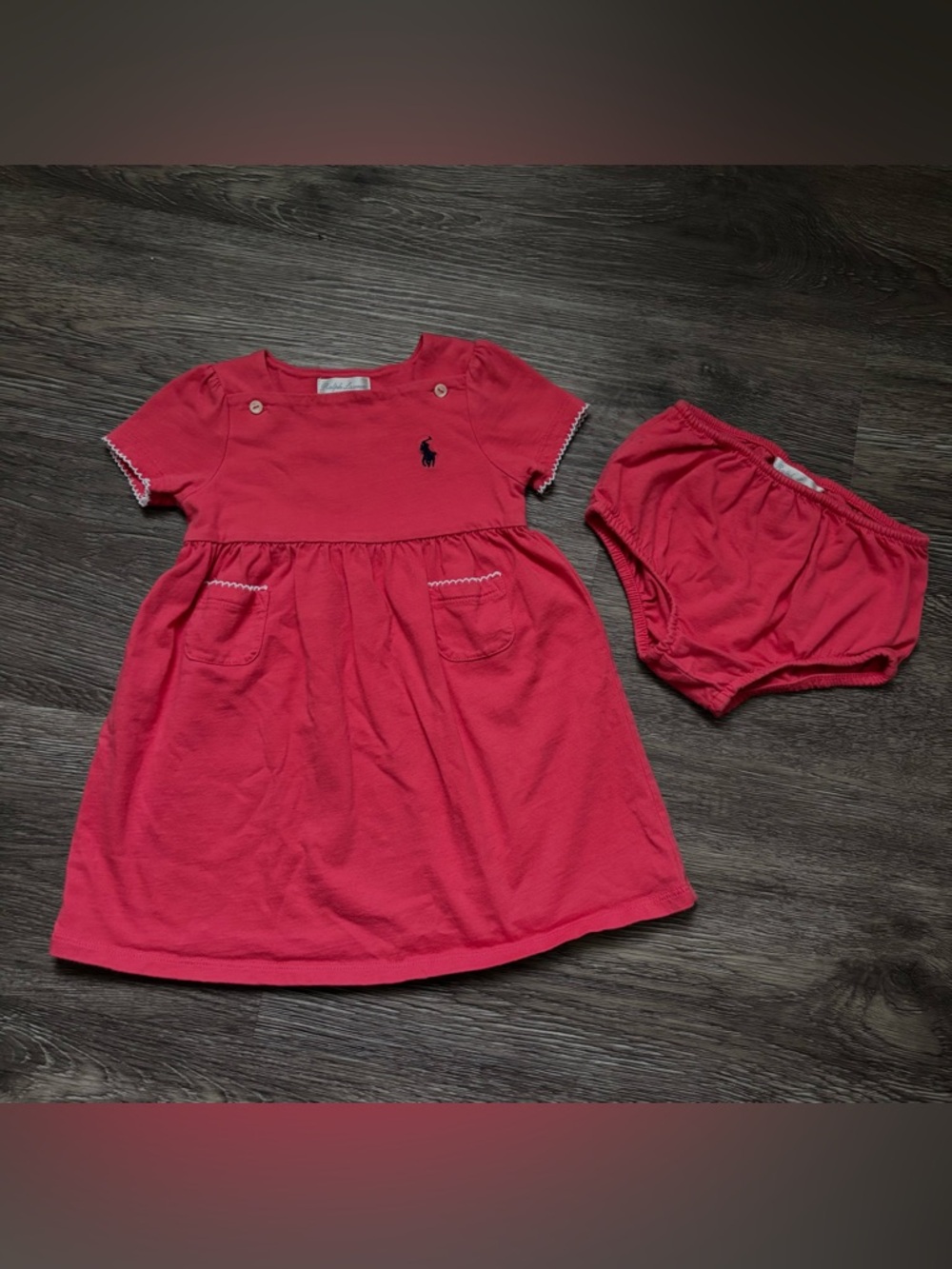 Ralph Lauren Pink Baby Dress with Navy Pony Embroidery